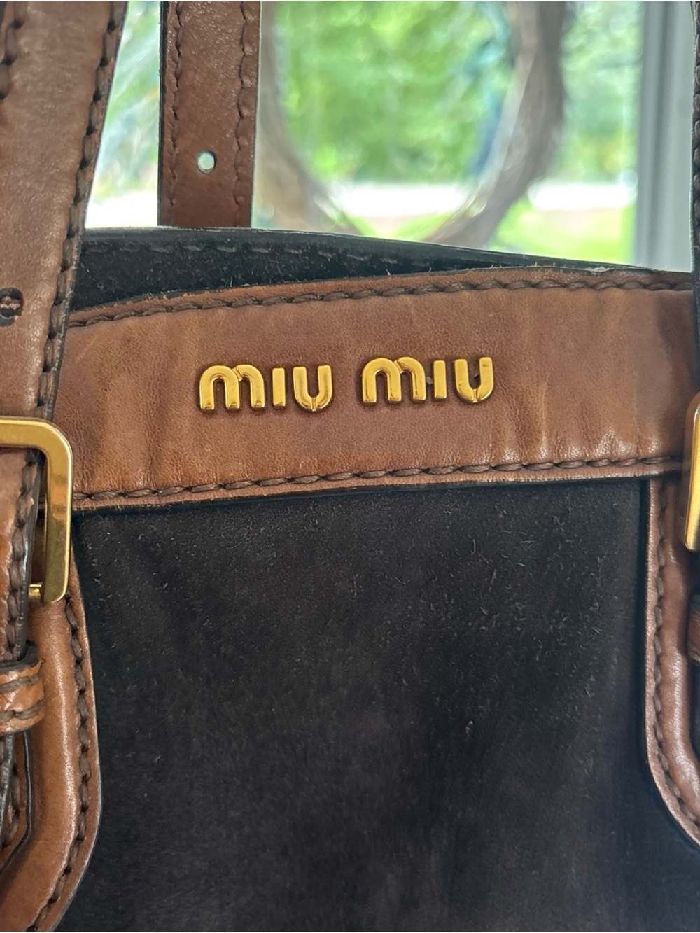 Miu Miu Dark Brown Suede and Chestnut Leather Tote with Gold Hardware - Picture 3 of 8